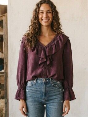 Anthony Kamanor burgundy 100% silk ruffle blouse size Large Medium @t4